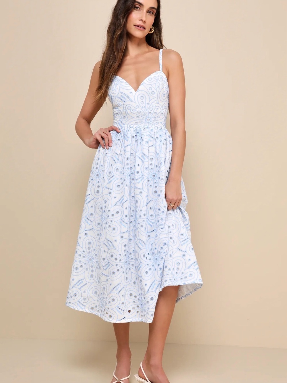 Sunny Poise White Cotton Eyelet Embroidered Midi Dress